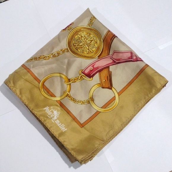 Polo Mallet Gold Pink Brown Jewelry Belts Print Luxury Silk Scarf 34x34 inches - Picture 1 of 9